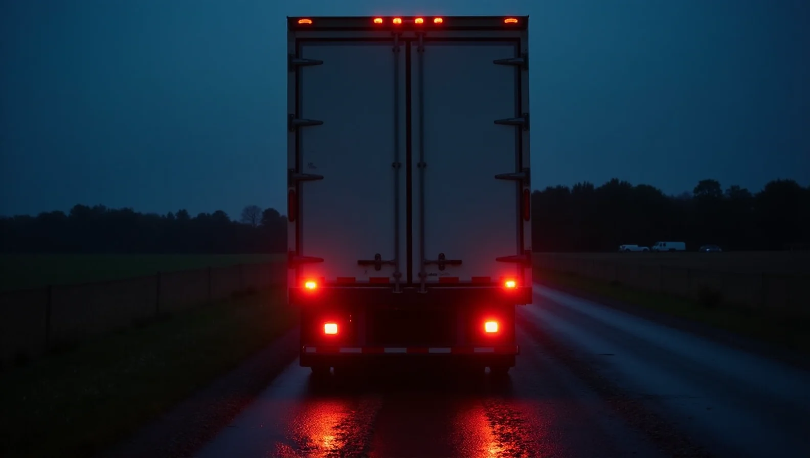 Tył przyczepy o zmroku ze świecącymi lampami LED i obrysówkami na żwirowym placu